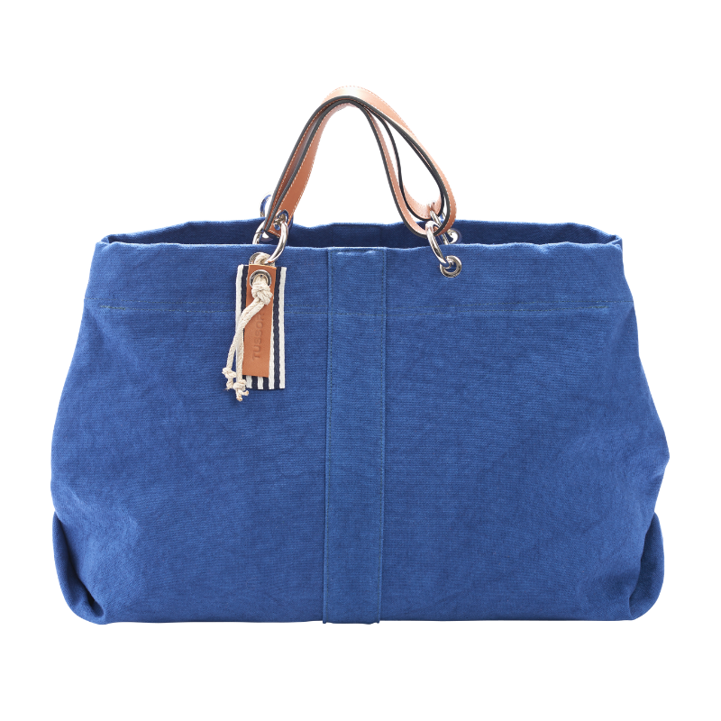 sac modulable en coton bleu roi, pour le week-end, avec des anses en cuir naturel