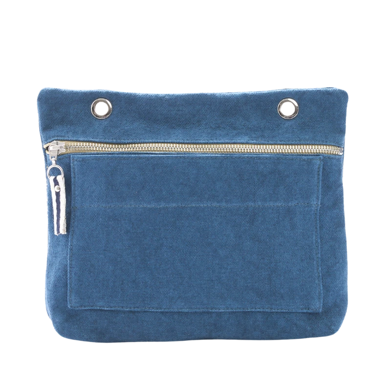 Grande pochette modulable en coton bleu canard avec une poche devant
