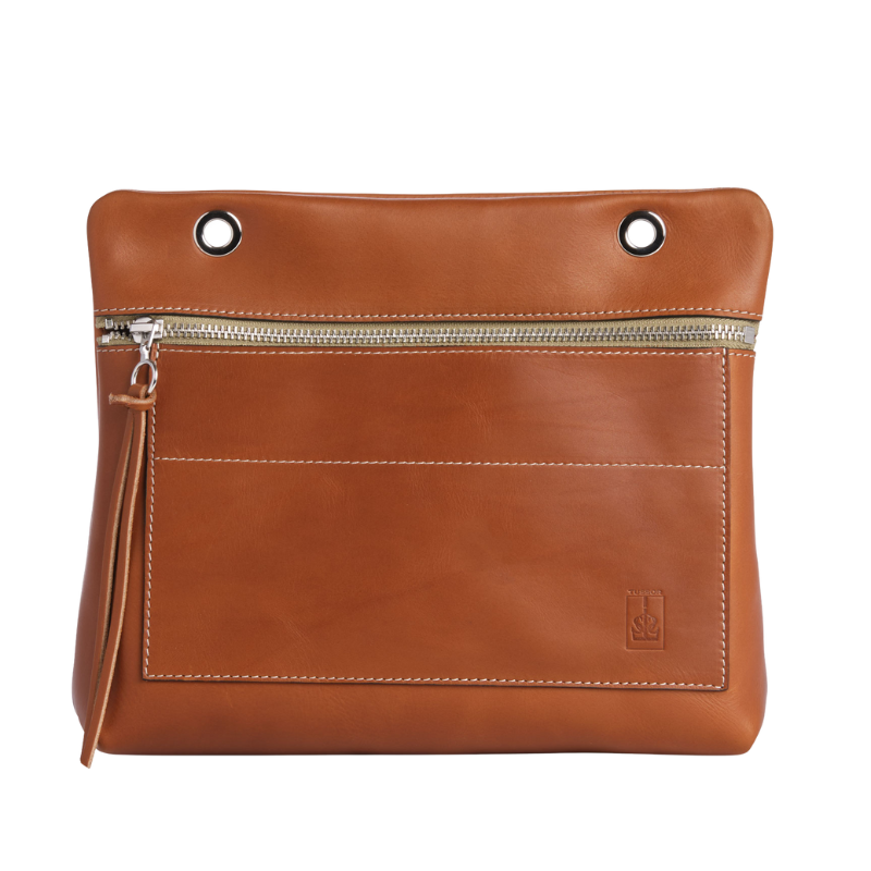 Grande pochette modulable en cuir naturel veau gold avec une poche devant