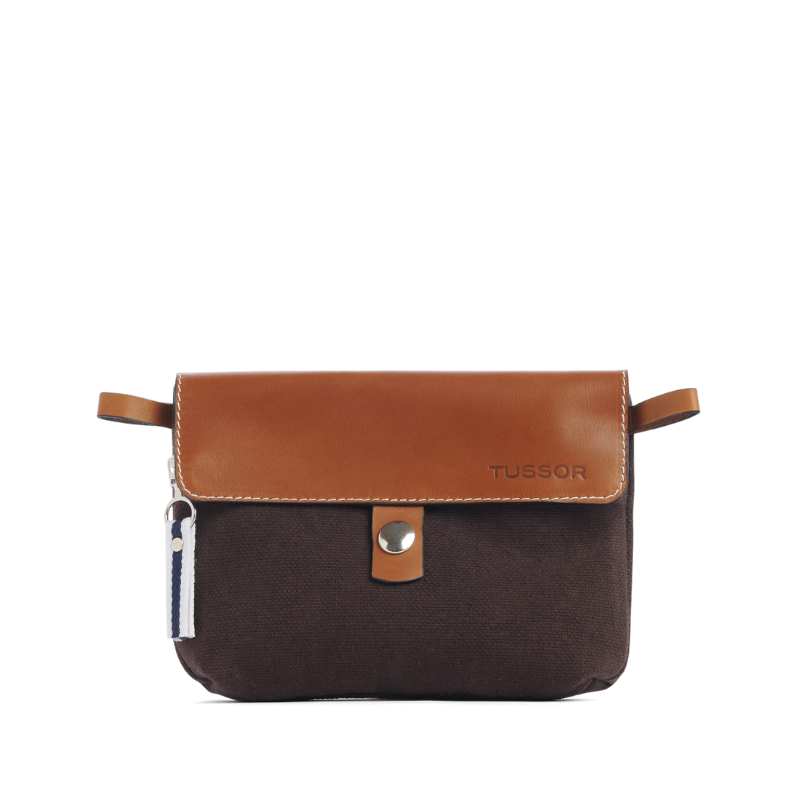 pochette mobile amovible en coton choclat et cuir face