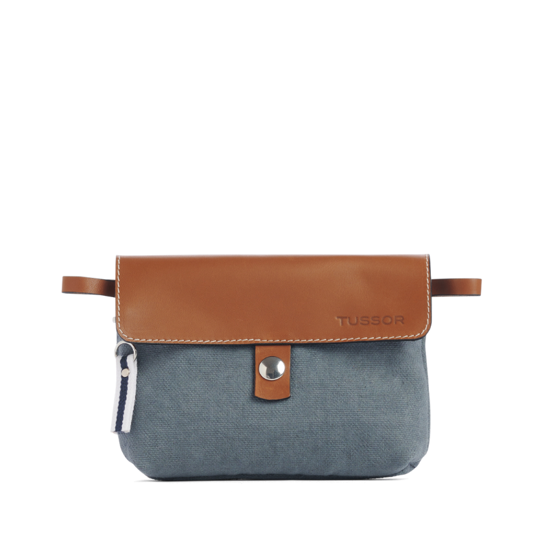 pochette mobile amovible en coton gris et cuir face