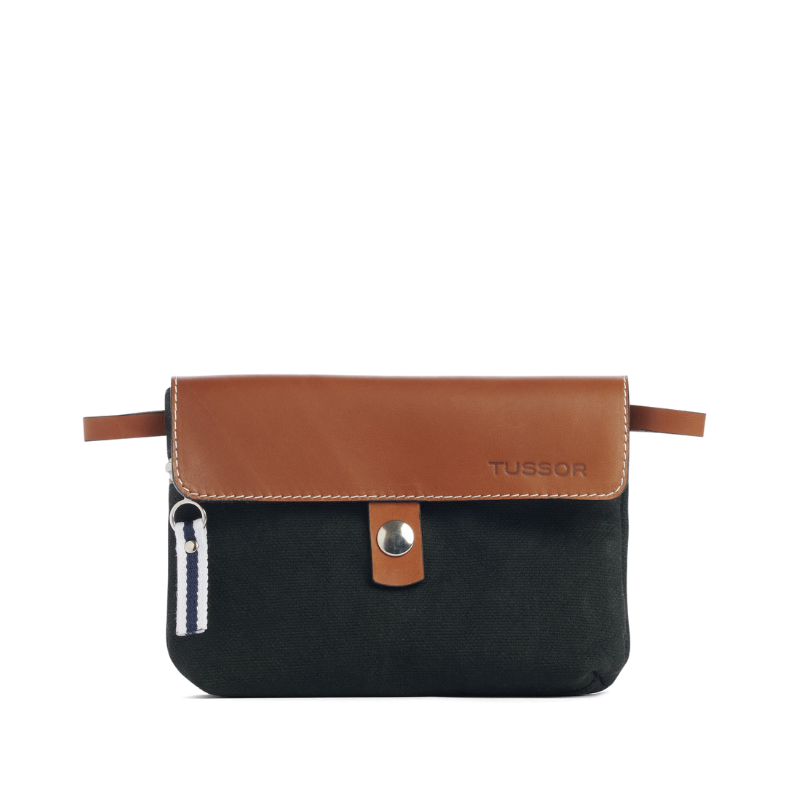 pochette mobile amovible en coton noir et cuir
