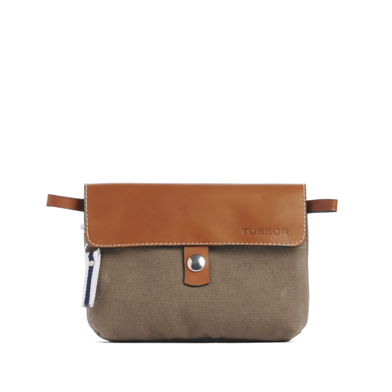 pochette mobile amovible en coton taupe et cuir, de face