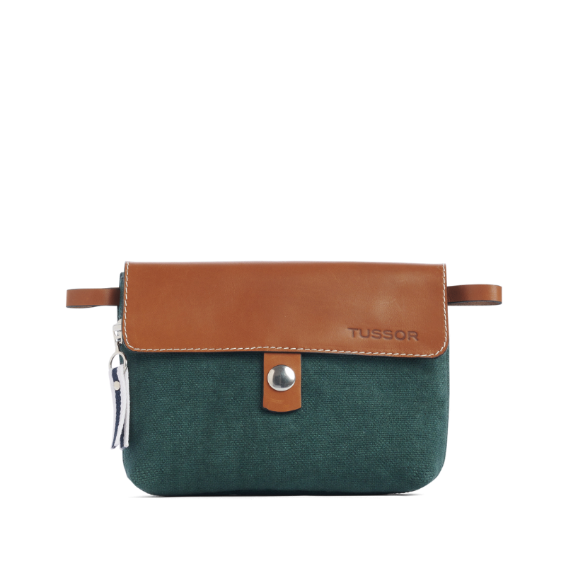 pochette mobile amovible en coton vert forêt et cuir
