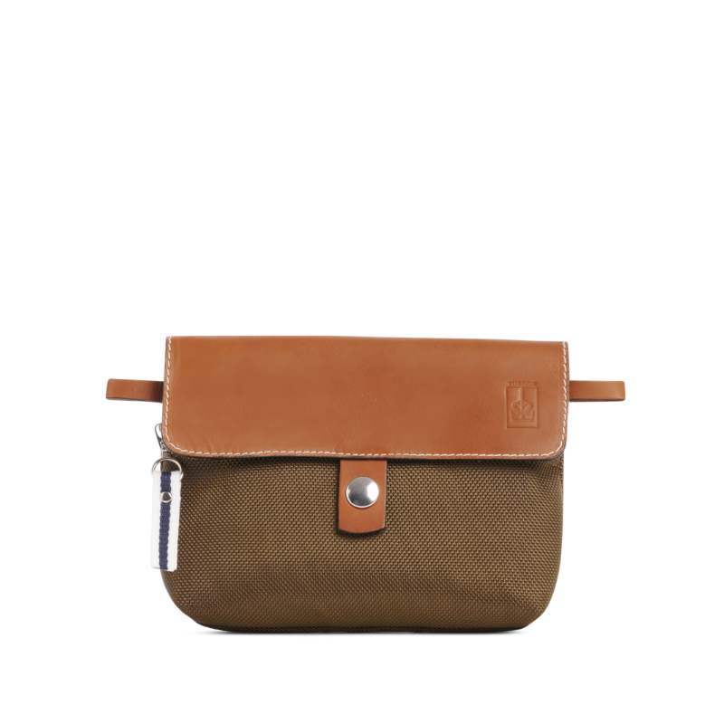 pochette mobile amovible en polyester givre kaki et cuir face