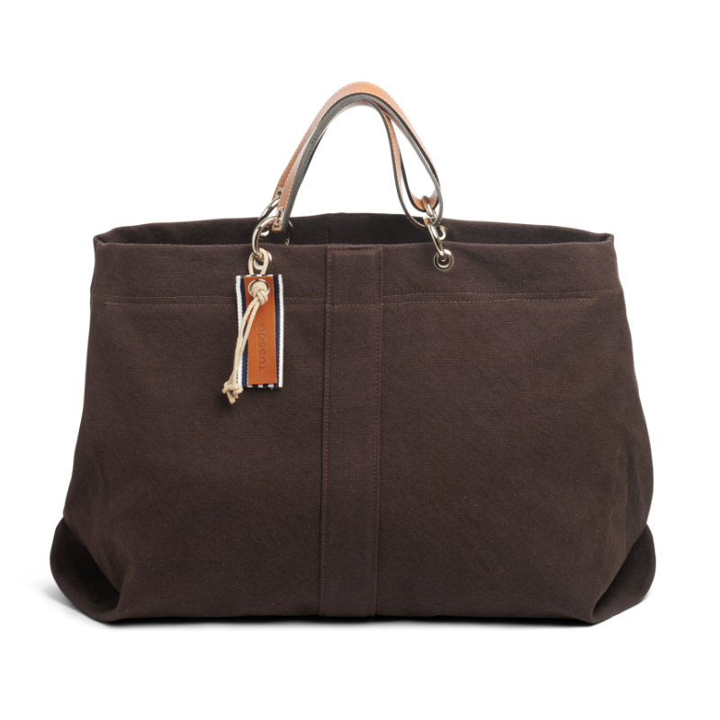 sac modulable en coton chocolat, pour le week-end, avec des anses en cuir naturel