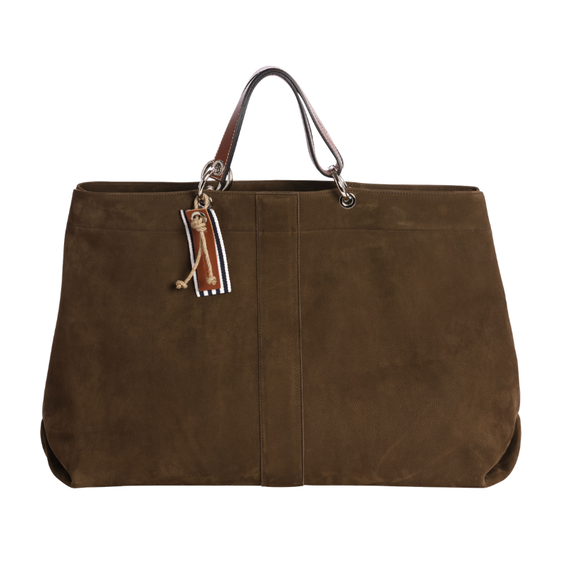 grand sac modulable en cuir nubuck veau taupe pour le week-end, avec des anses en cuir naturel