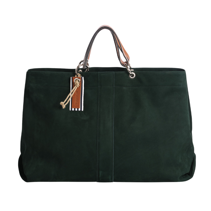 grand sac modulable en cuir nubuck veau vert forêt, pour le week-end, avec des anses en cuir naturel