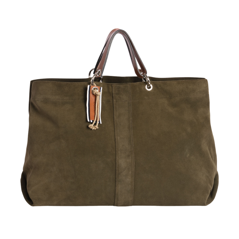 grand sac modulable en cuir vachette kaki, pour le week-end, avec des anses en cuir naturel