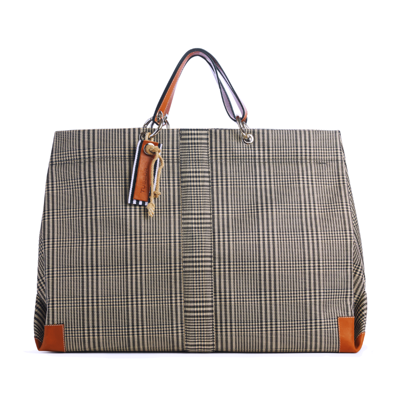 grand sac modulable en polyester prince de galles, pour le week-end, avec des anses en cuir naturel