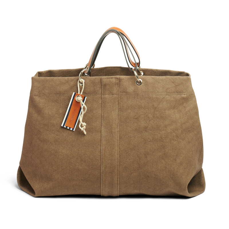 grand sac modulable en coton taupe, pour le week-end, avec des anses en cuir naturel