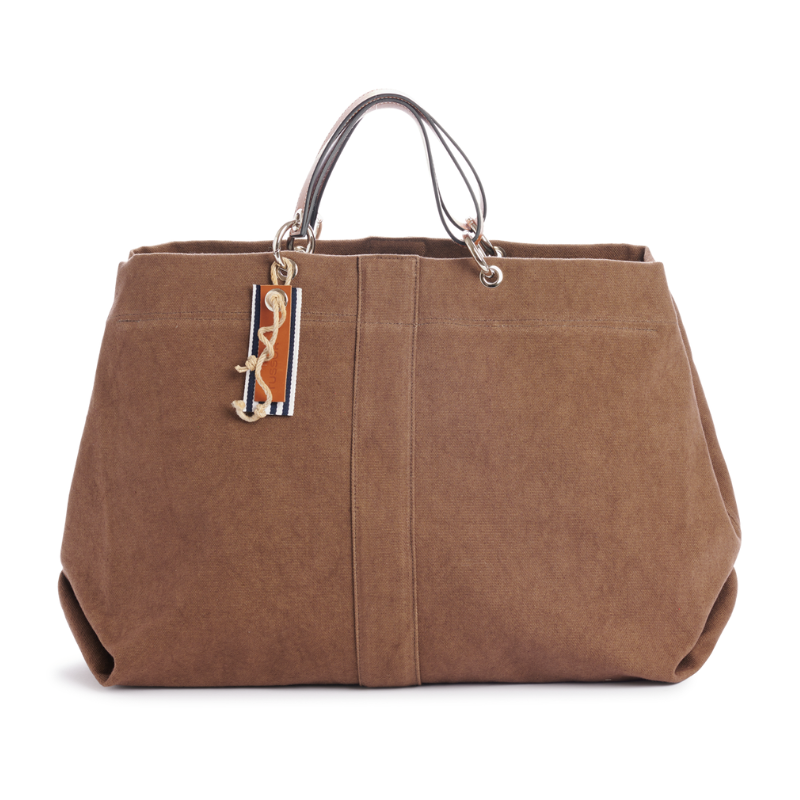 grand sac modulable en coton terre, pour le week-end, avec des anses en cuir naturel