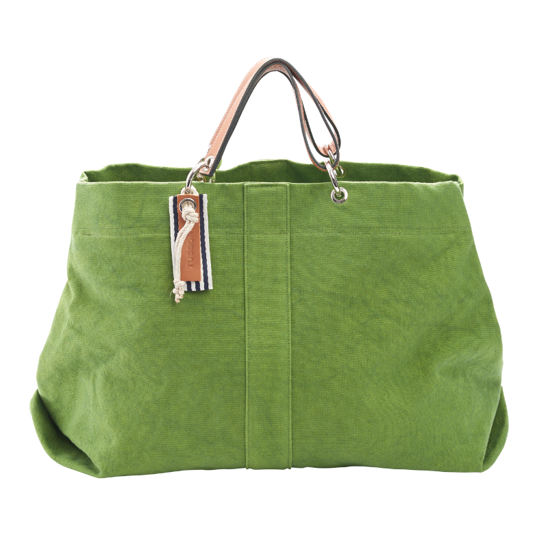 grand sac modulable en coton vert, pour le week-end, avec des anses en cuir naturel
