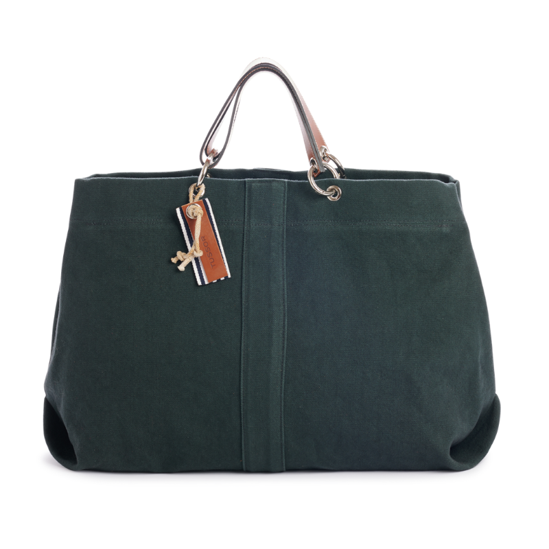 grand sac modulable en coton vert foret, pour le week-end, avec des anses en cuir naturel