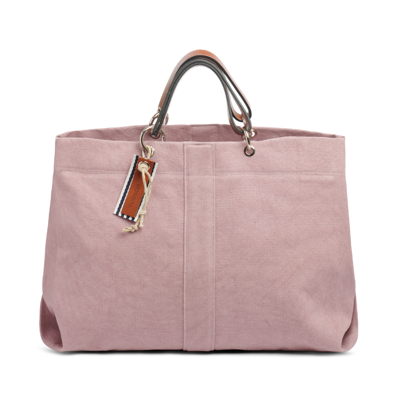 grand sac modulable en coton vieux rose, pour le week-end, avec des anses en cuir naturel