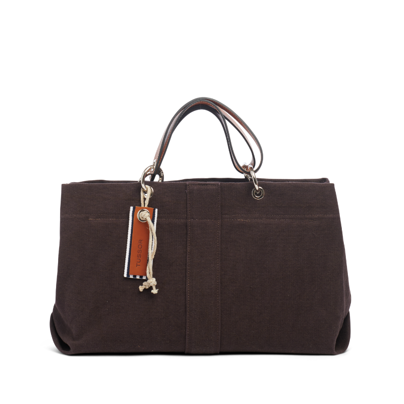 sac de ville modulable en coton chocolat et ses anses en cuir naturel