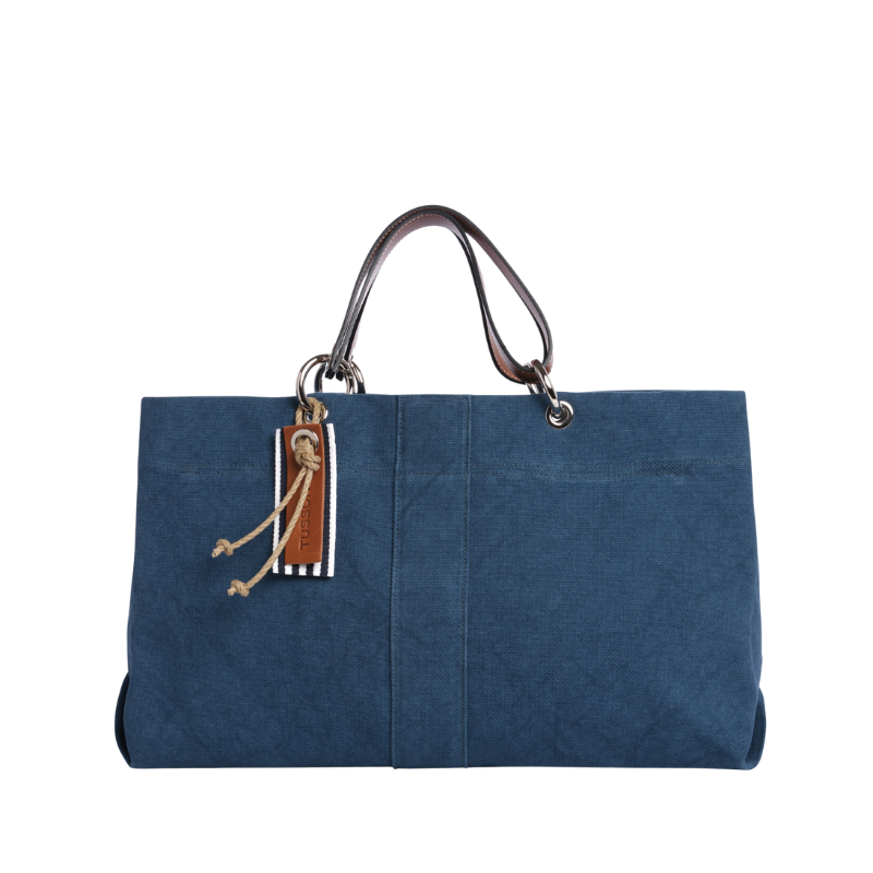 sac de ville modulable en coton bleu canard et ses anses en cuir naturel