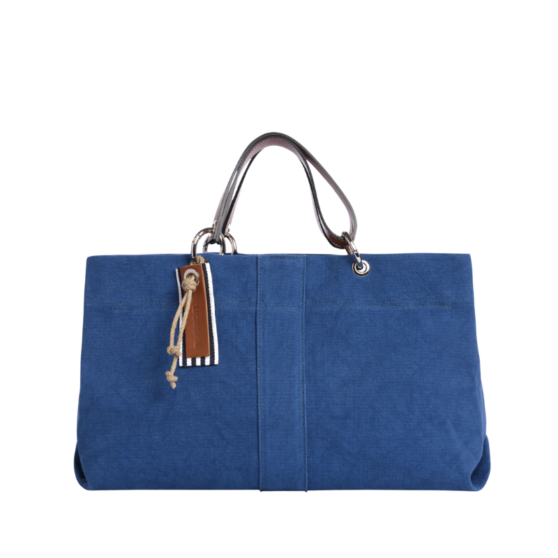 sac de ville modulable en coton bleu roi avec des anses en cuir naturel