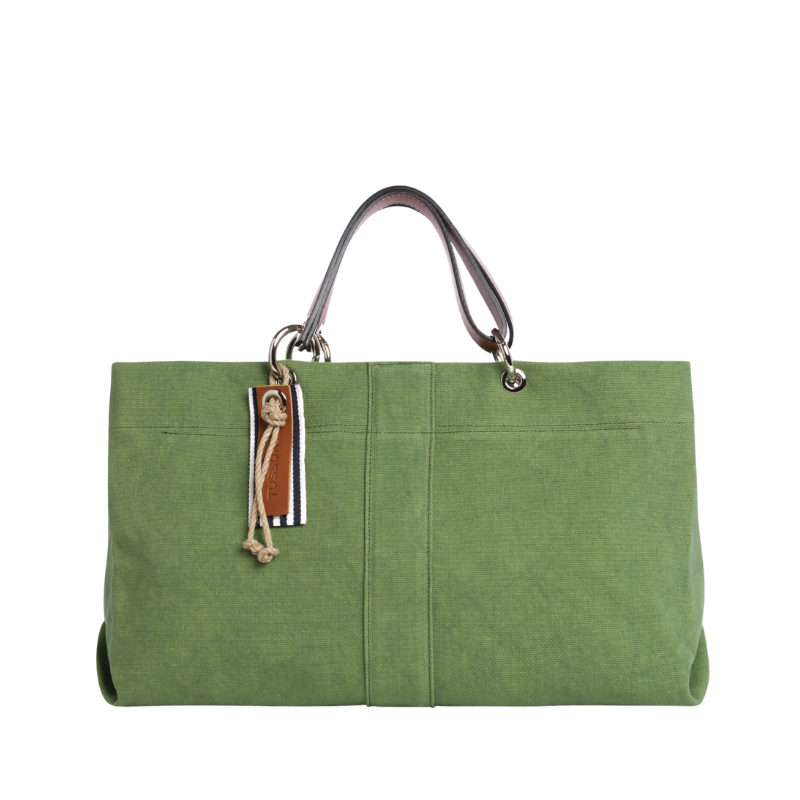 sac de ville modulable en coton vert avec des anses en cuir naturel
