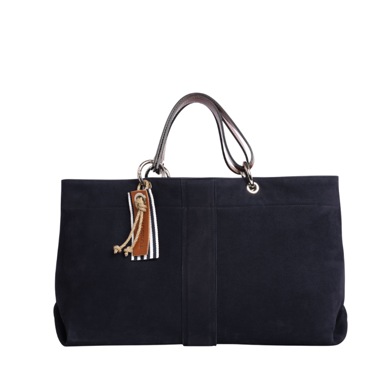 sac de ville modulable en cuir nubuck veau bleu marine avec des anses en cuir naturel