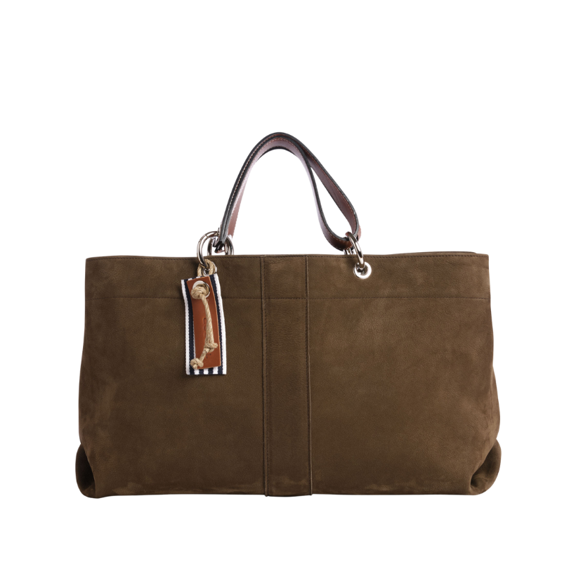 sac de ville modulable en cuir nubuck veau taupeavec des anses en cuir naturel