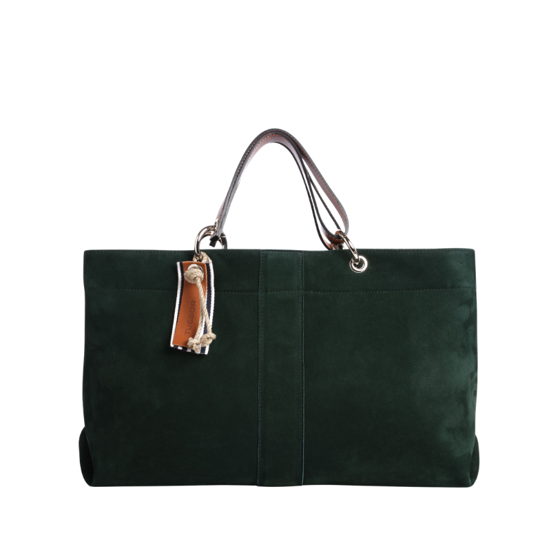 sac de ville modulable en cuir nubuck veau vert forêt avec des anses en cuir naturel