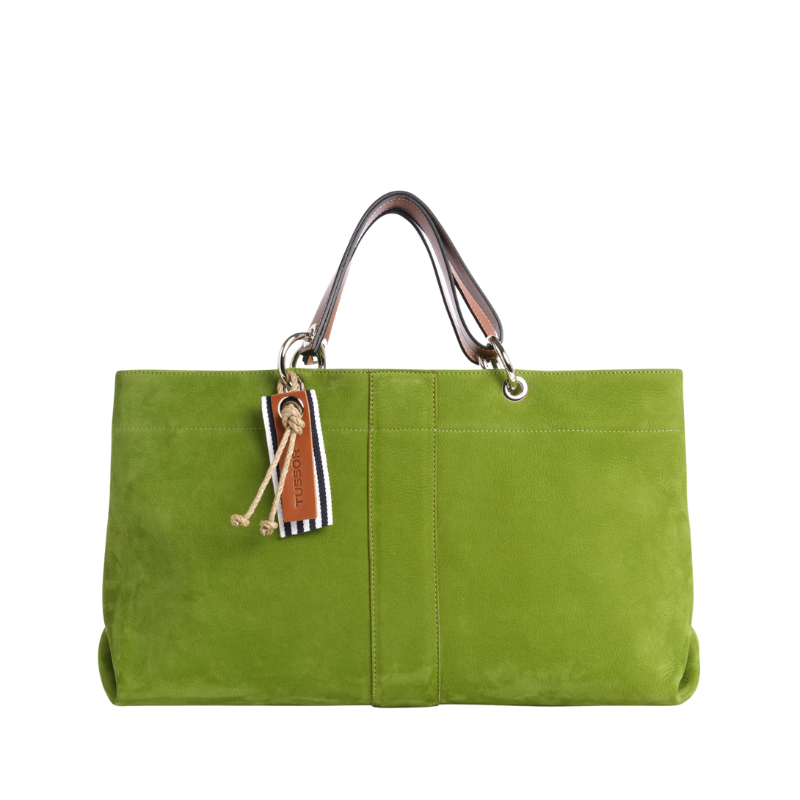 sac de ville modulable en cuir nubuck veau vert prairie avec des anses en cuir naturel