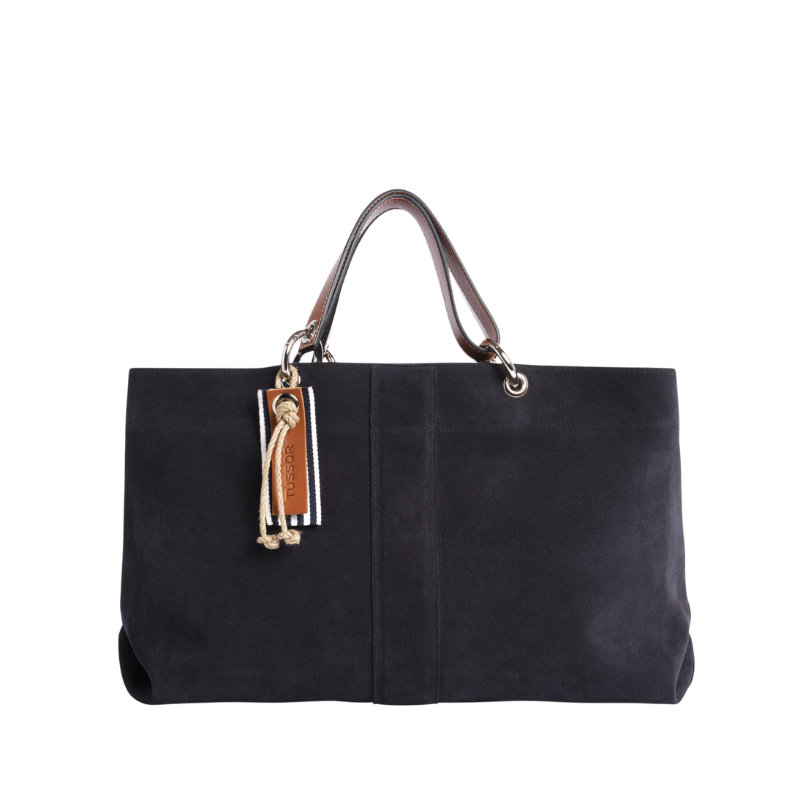 sac de ville modulable en cuir vachette velours bleu marine avec des anses en cuir naturel