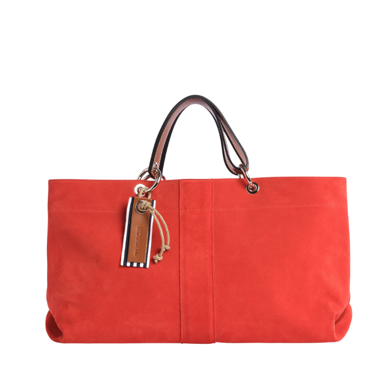 sac de ville modulable en cuir vachette velours corail avec des anses en cuir naturel