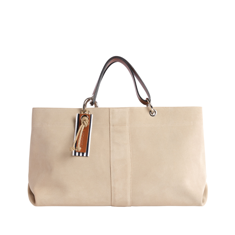 sac de ville modulable en cuir vachette velours grège avec des anses en cuir naturel
