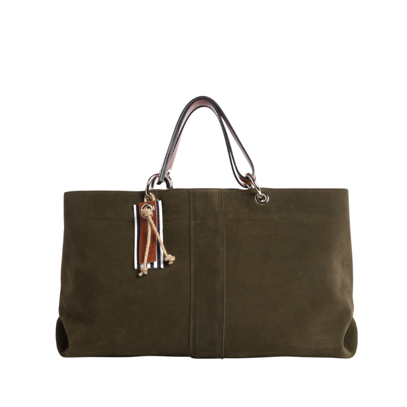sac de ville modulable en cuir vachette velours Kaki avec des anses en cuir naturel