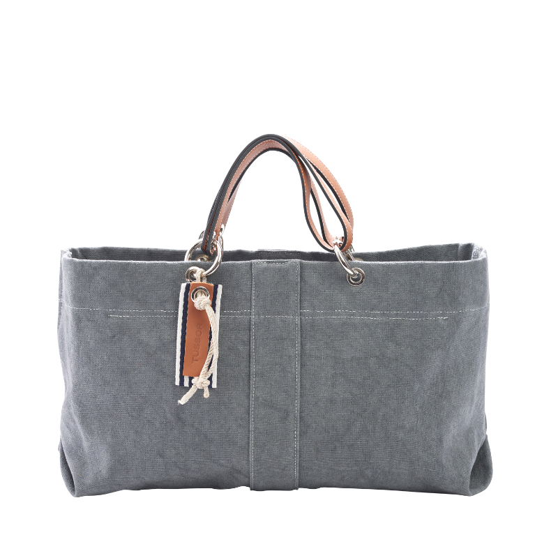 sac de ville modulable en coton gris avec des anses en cuir naturel