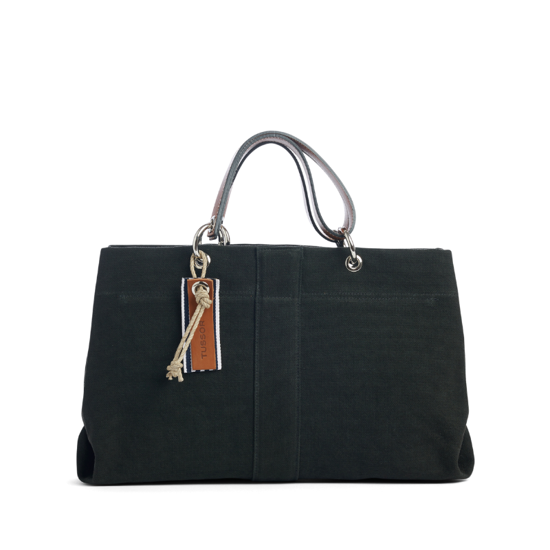 sac de ville modulable en coton noir avec des anses en cuir naturel