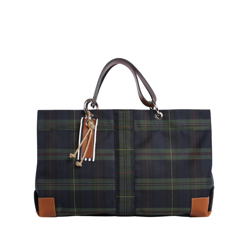 sac de ville modulable en polyester écossais marine avec des anses en cuir naturel