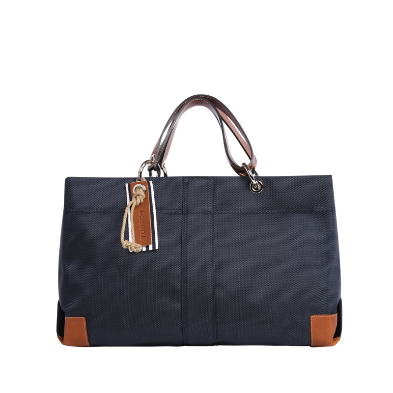 sac de ville modulable en polyester givré bleu marine avec des anses en cuir naturel