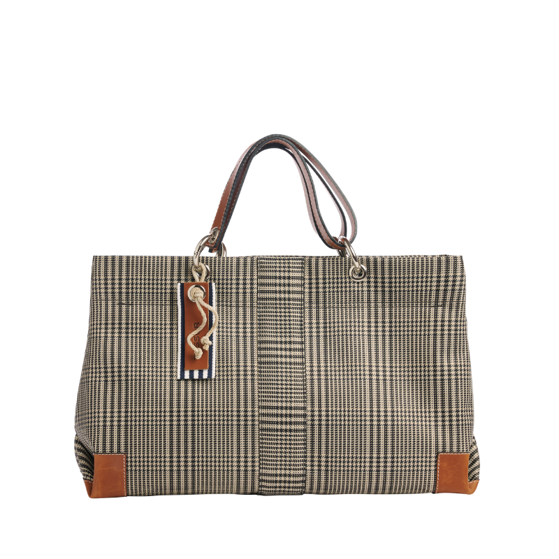 sac de ville modulable en polyester prince de Galles avec des anses en cuir naturel