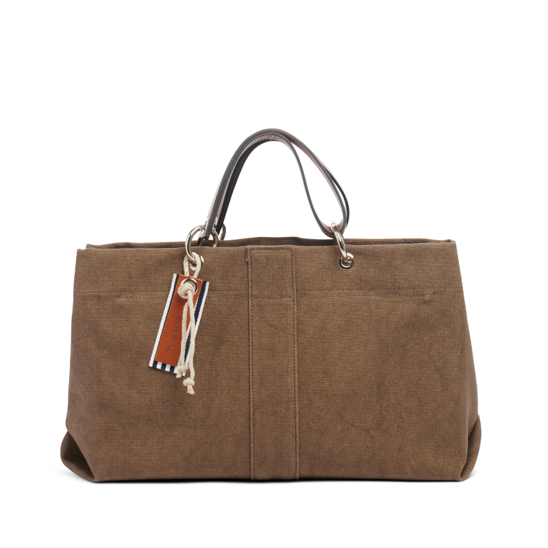 sac de ville modulable en coton taupe avec des anses en cuir naturel