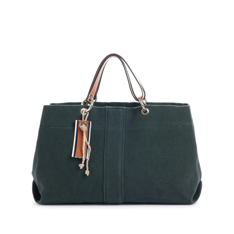 sac de ville modulable en coton vert foret avec des anses en cuir naturel