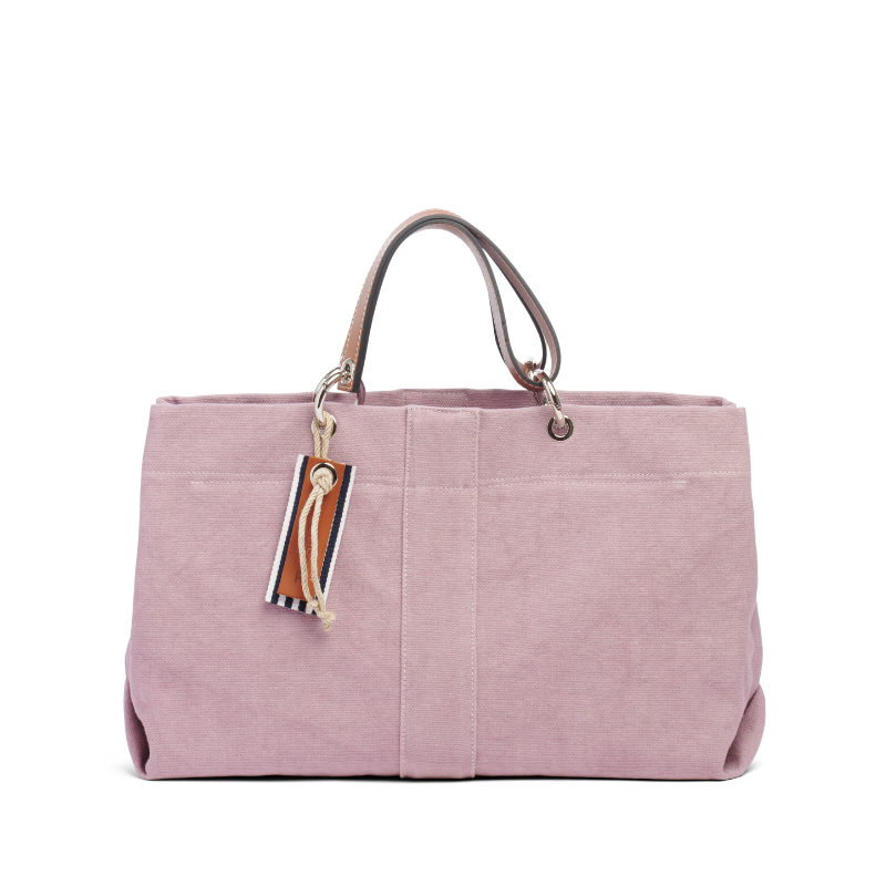 sac de ville modulable en coton vieux rose avec des anses en cuir naturel