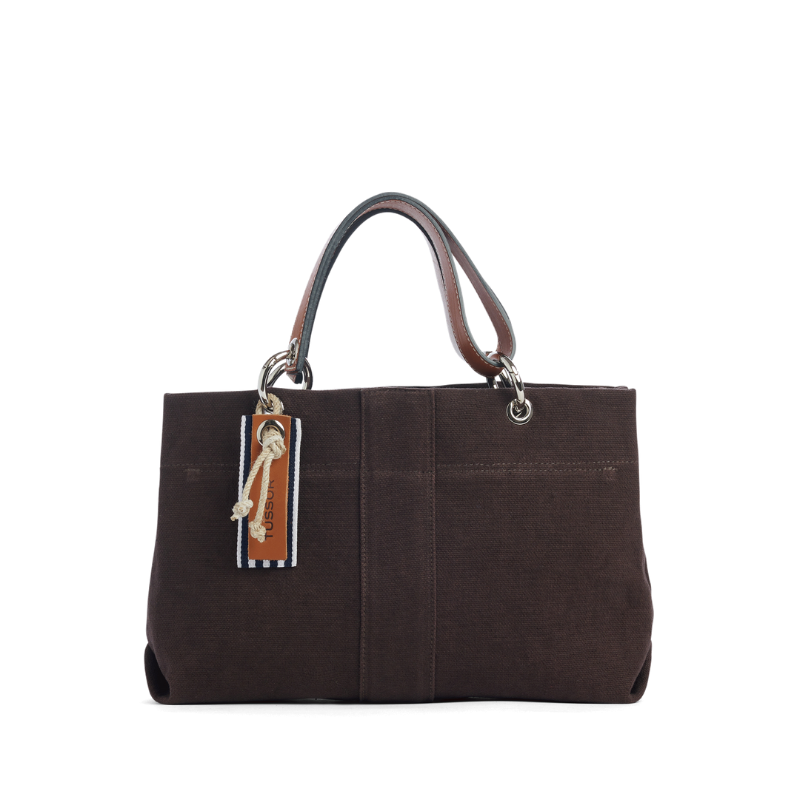 sac de ville modulable en coton chocolat avec des anses en cuir naturel