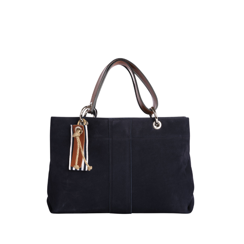 sac de ville modulable en cuir nubuck veau bleu marine avec des anses en cuir naturel