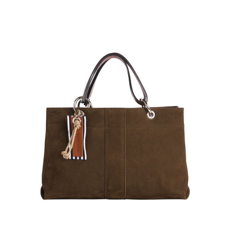 sac de ville modulable en cuir nubuck veau taupe avec des anses en cuir naturel
