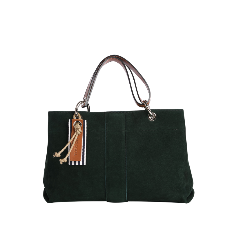 sac de ville modulable en cuir nubuck veau vert forêt avec des anses en cuir naturel
