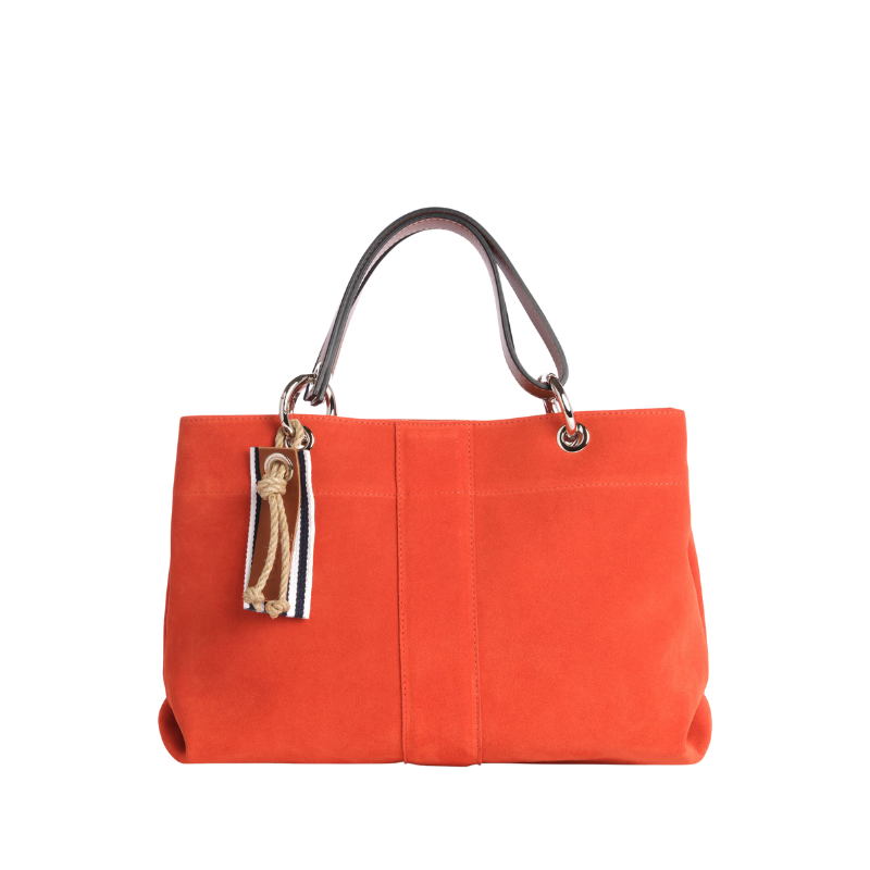sac de ville modulable en cuir vachette velours corail avec des anses en cuir naturel