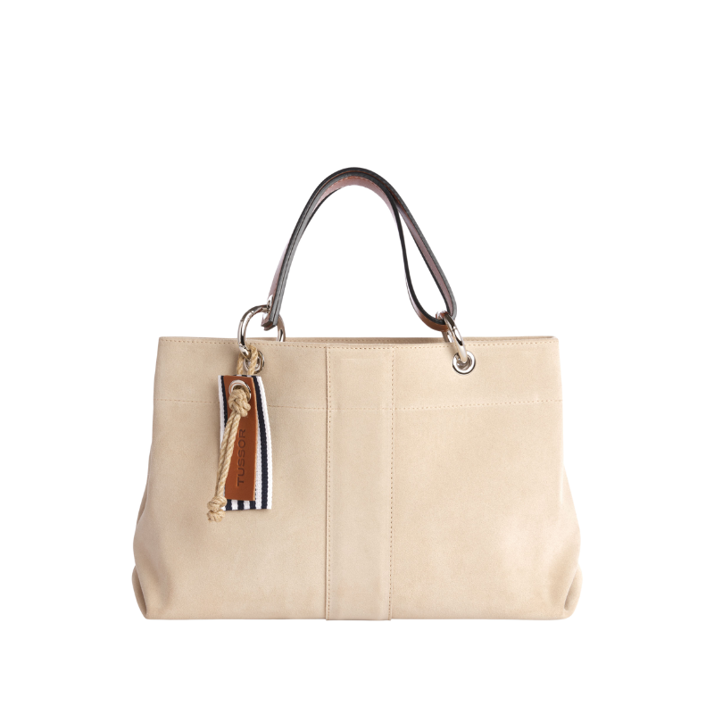 sac de ville modulable en cuir vachette velours grège avec des anses en cuir naturel