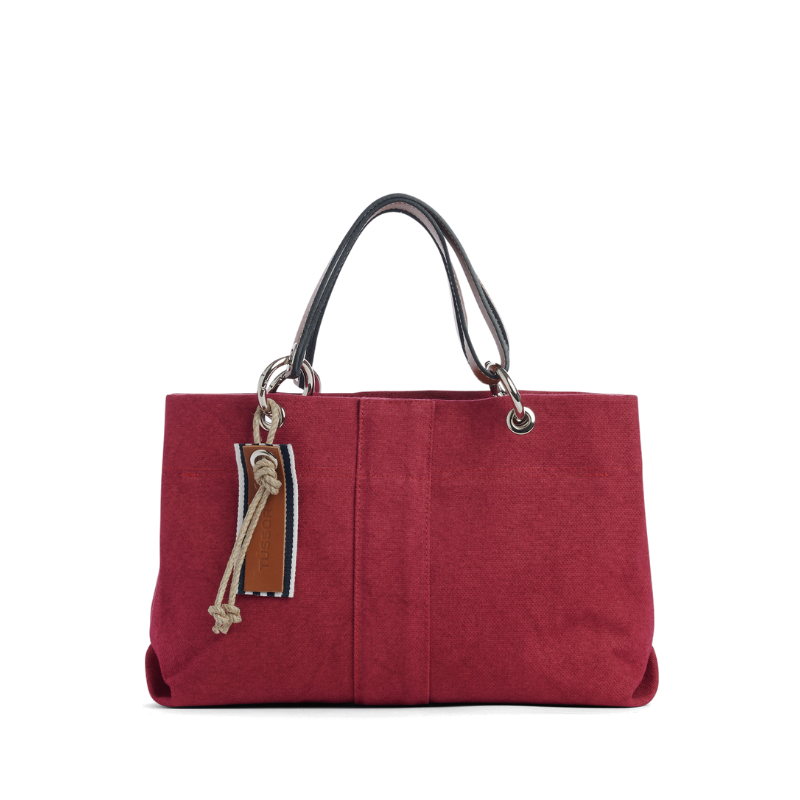 sac de ville modulable en coton framboise avec des anses en cuir naturel