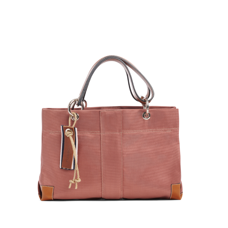 sac de ville modulable en polyester givré bois de rose avec des anses en cuir naturel