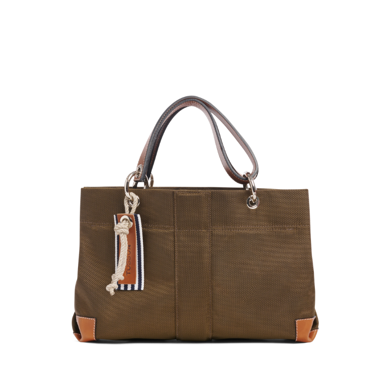 sac de ville modulable en polyester givré kaki avec des anses en cuir naturel