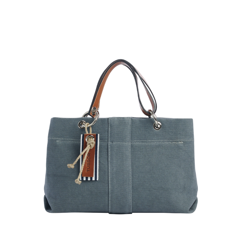 sac de ville modulable en coton gris avec des anses en cuir naturel