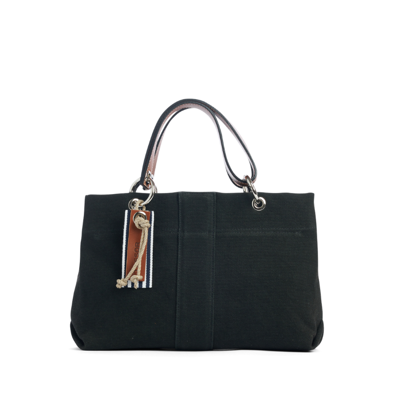 sac de ville modulable en coton noir avec des anses en cuir naturel